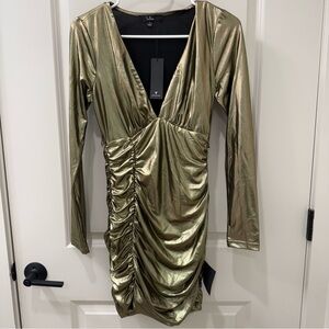 Lulus Fine Figure Gold Metallic Bodycon Mini Dress Small NWT Cocktail Party